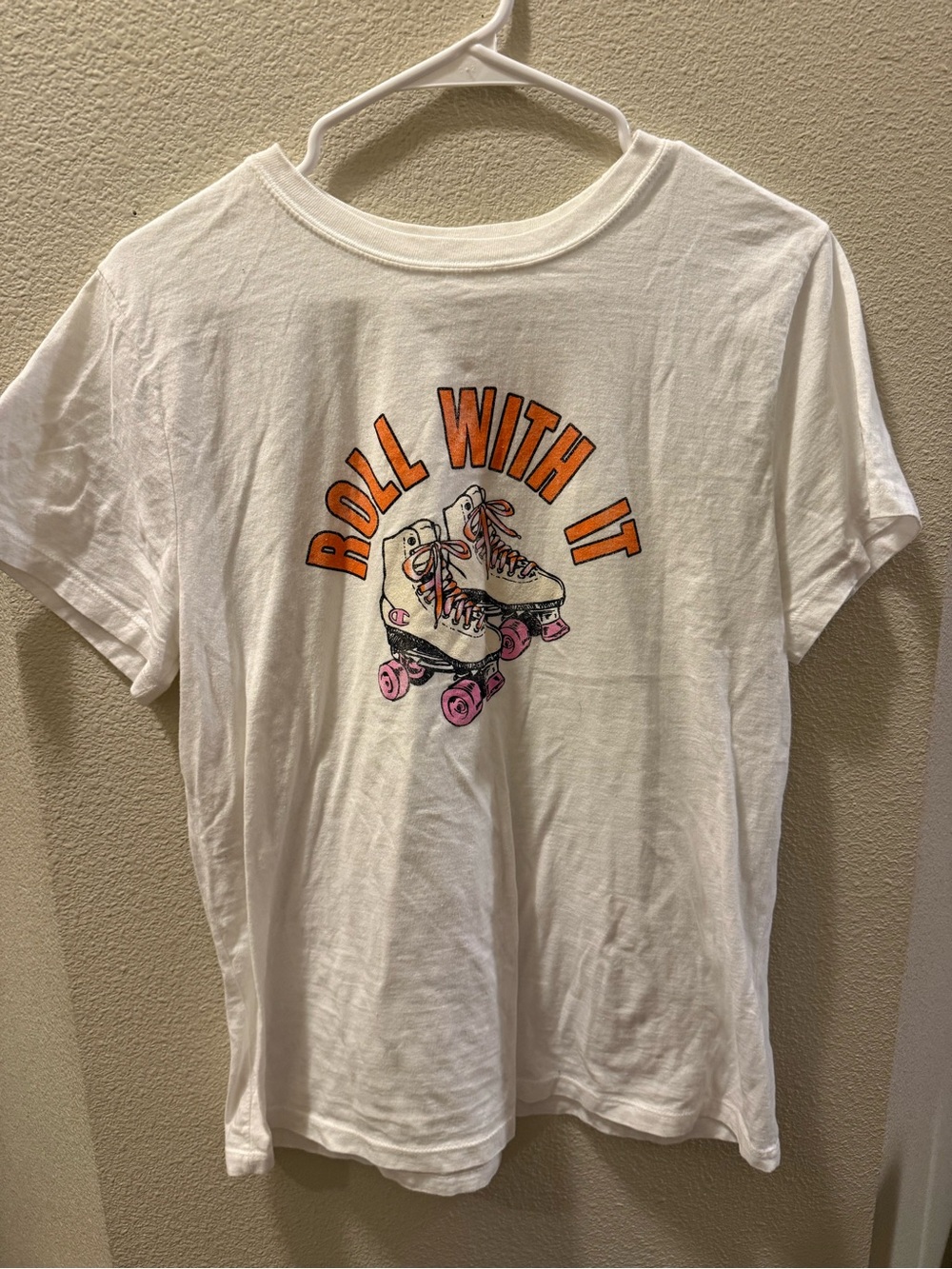 Champion White 'Roll With It' Graphic Tee with Orange and Pink Accents